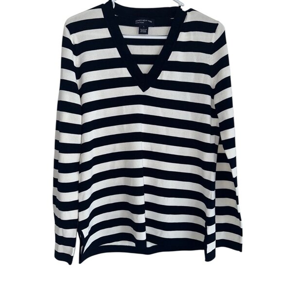 Jones New York Rayon Blend Knit V Neck Sweater Sz L Navy White Stripe Nautical - Picture 1 of 5